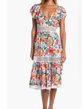 Sunshine79 Floral V-Neck Midi Dress with Lace Waist size Medium 

Like new
